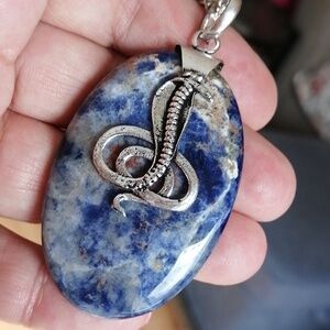 Cobra On Large Sodalite Stone Silver Plated Unisex Pendant Necklace